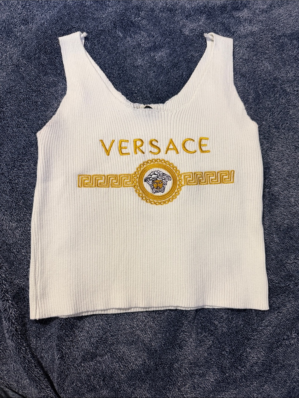 White Tank Top with Gold Embroidered Medusa